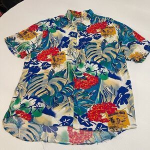 Jams World Hawaiian Hula Floral Short Sleeve Button Up Shirt Large Damaged Read